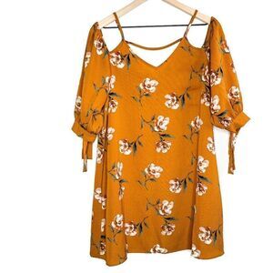 2/$30 Soprano Orange Cold Shoulder Floral Print Boho Tunic Mini Dress Small